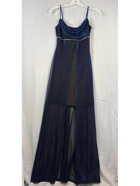 Hyphen Blue Metallic Maxi Dress sz S Y2K Prom Cowl Neck Sheer Overlay USA Made
